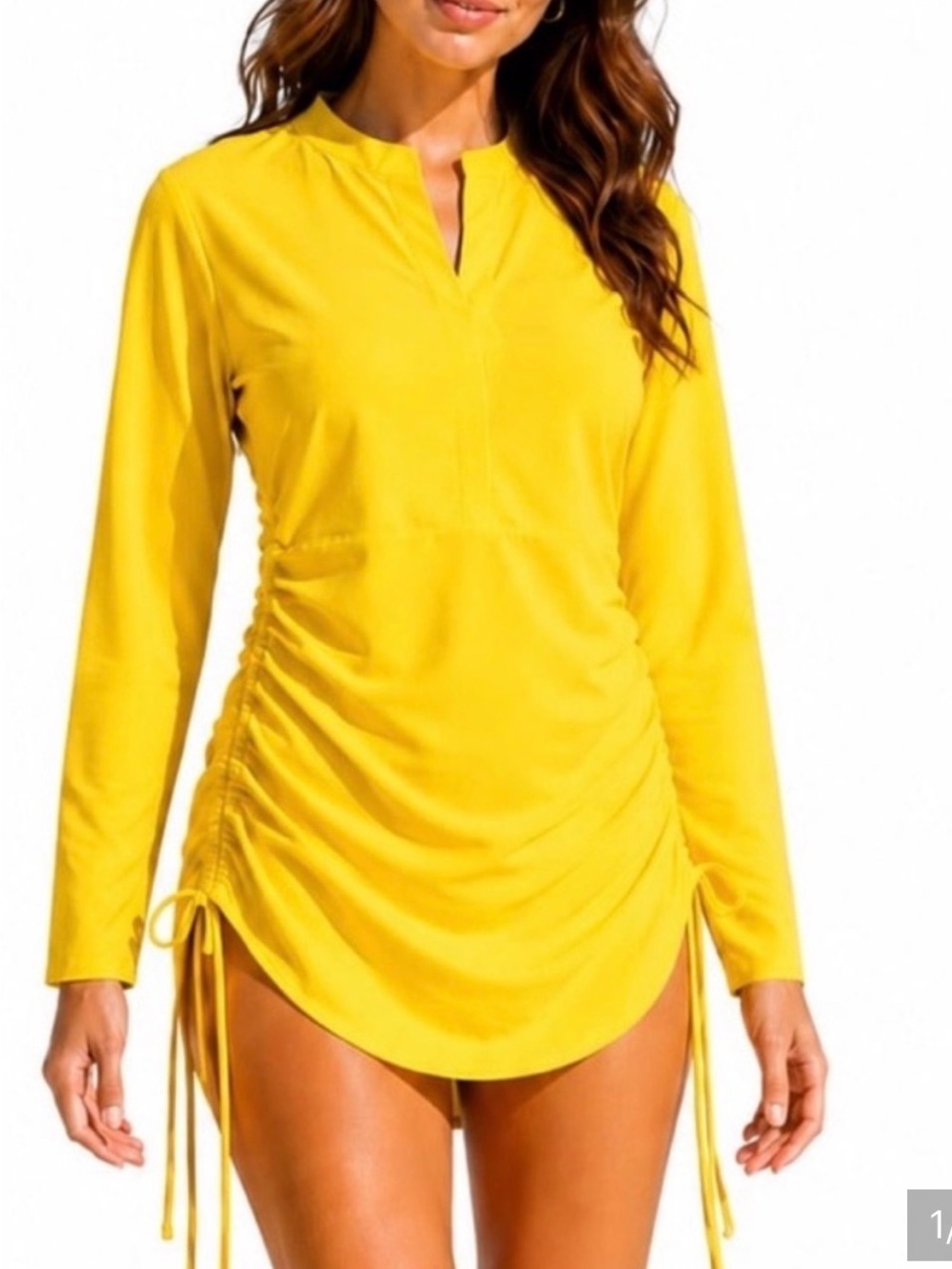 Sailbee Women's Yellow Long-Sleeve Ruched Swim Tunic